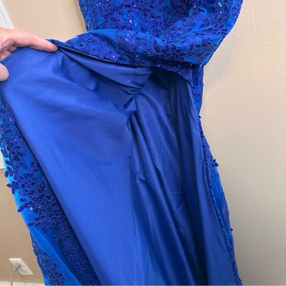 Hebeos Blue Sequined Spaghetti Strap Sweetheart Prom Gown Side Slit Size 2 - Picture 5 of 16
